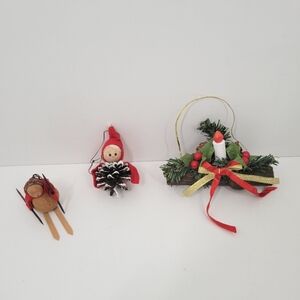 Vtg Christmas Pinecone Girl Walnut Squirrel Skiier Yule Log Lot Of 3 Ornaments